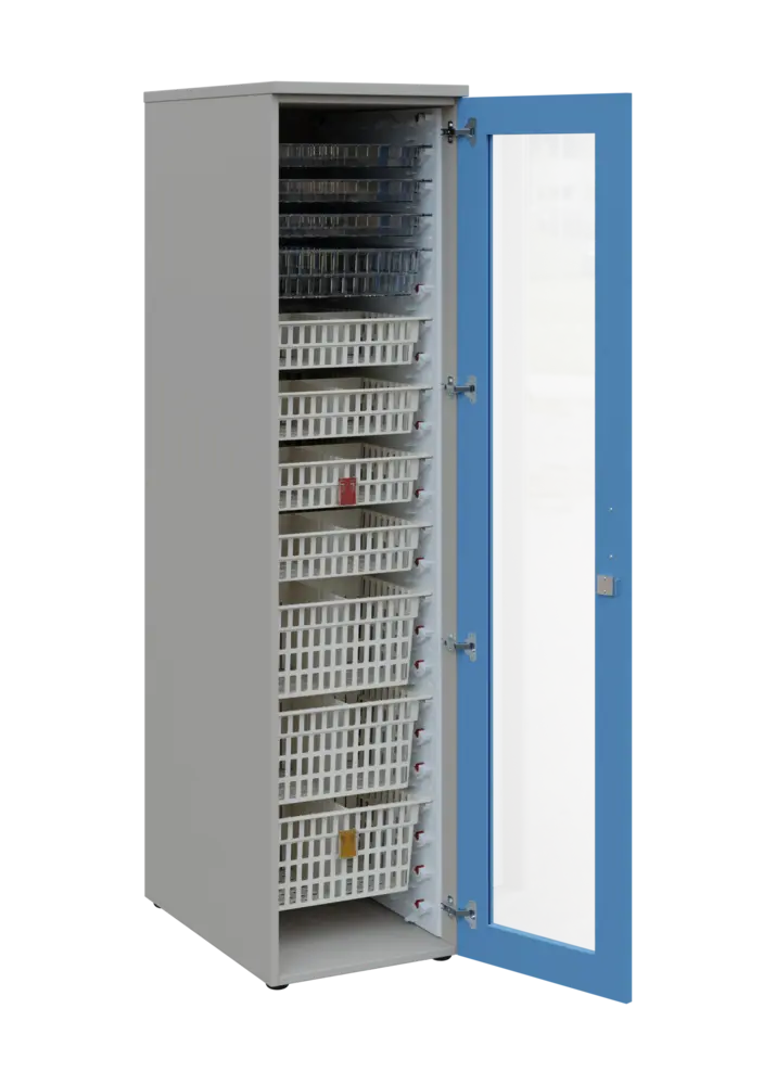 EUROMEDICA S - 46 skříň léková boxová, 1-dveřová/prosklená, pravá, 1950x460x735, korpus šedý, dvířka pastelově modrá